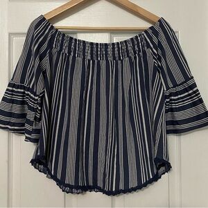 Women's True Craft Navy and White Striped Off-Shoulder Blouse size Large